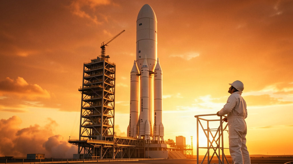 A large space telescope on top of a rocket on the launch pad at dawn