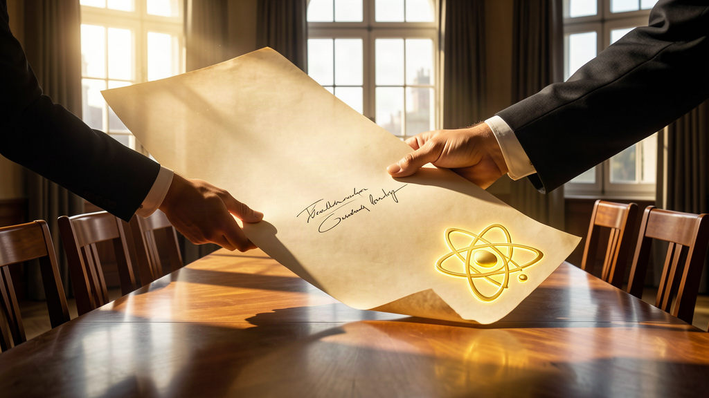 A giant signed document handed across a table toward a row of empty congressional chairs