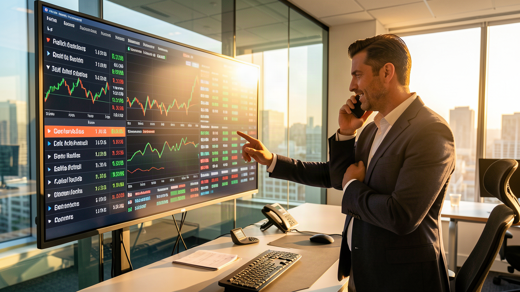 A trading desk where a large screen shows odds on a political headline, a man in a blazer gesturing at the screen