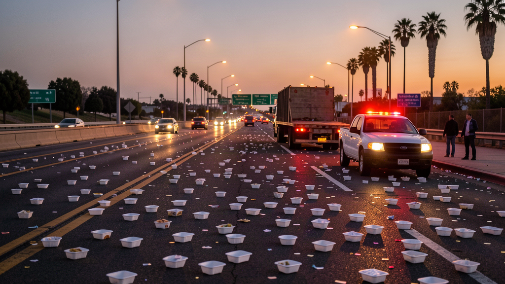 A multi-lane freeway at dusk covered in scattered white snack containers, a pickup truck stopped with a flatbed behind it