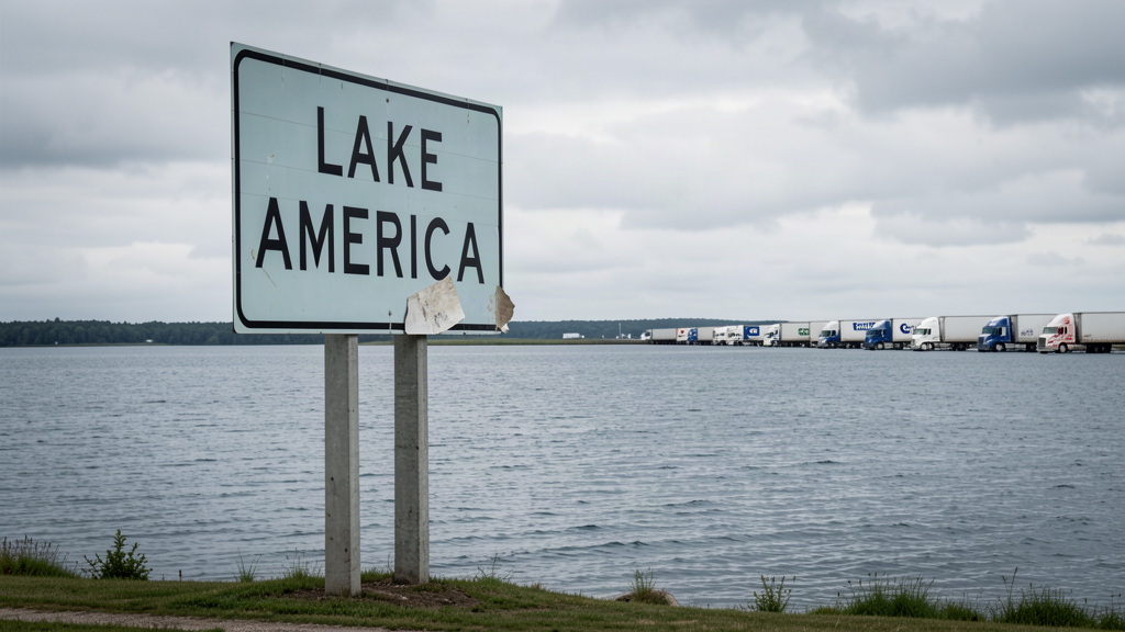A large highway sign beside a great lake with Canadian cargo trucks lined up at a border crossing in the distance