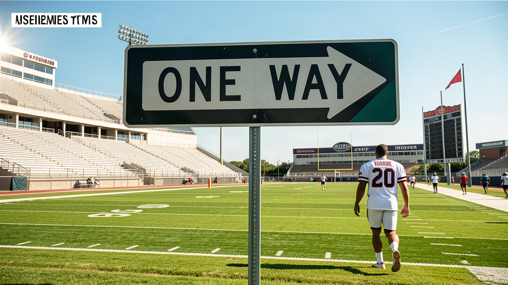 A college stadium with a one-way street sign pointing toward an NFL training facility, a player walking away from the camera