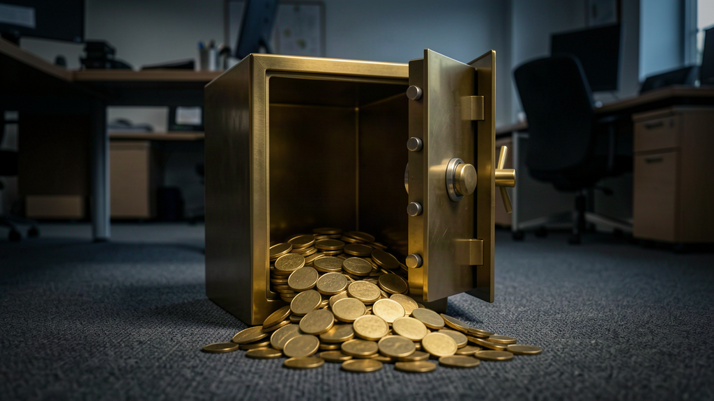 A pile of bitcoin coins spilling from an open safe in a dim office