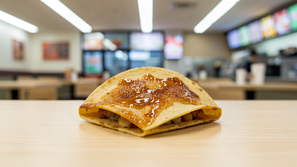 A crispy folded taco with a caramelized sugar top, on a paper wrapper
