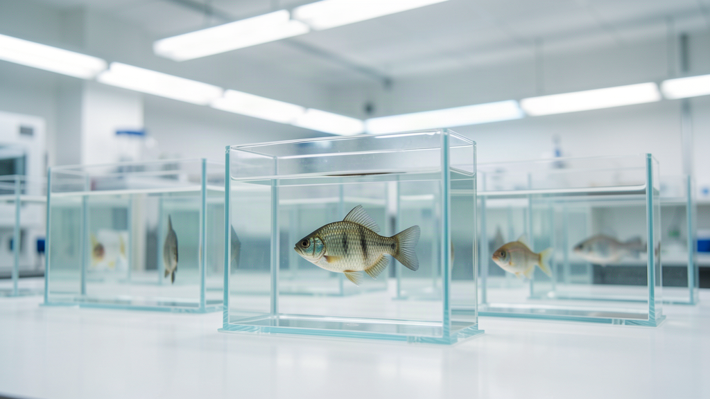 A row of fish in a laboratory tank, one noticeably larger than the rest