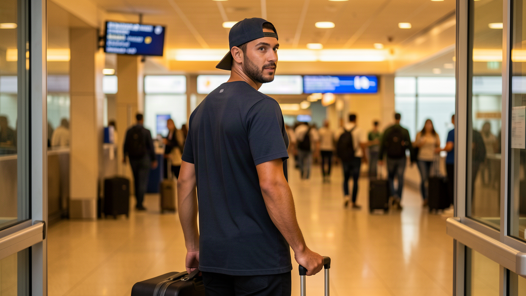 A man in a generic football jersey standing in a doorway with a suitcase