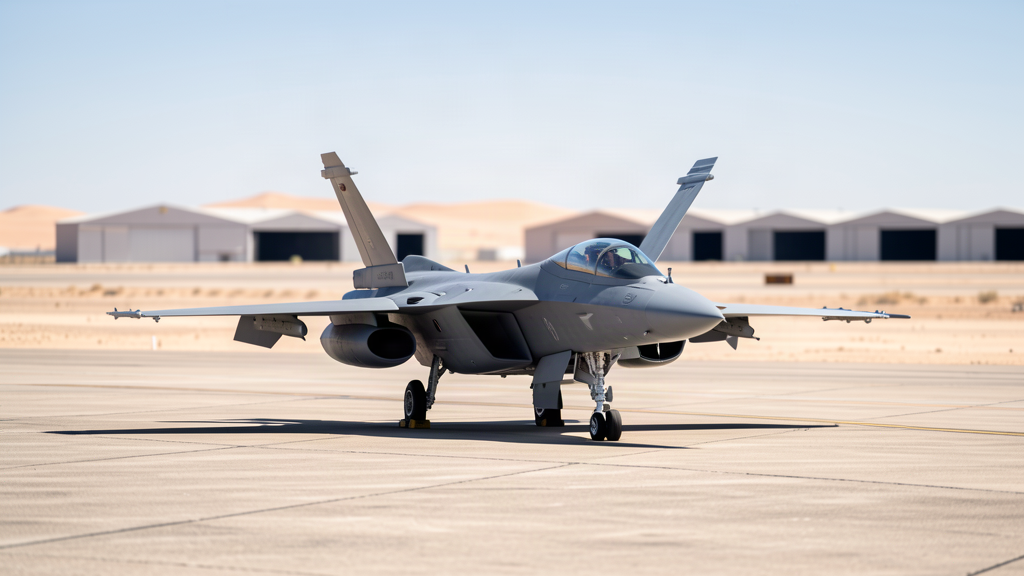 A sleek gray fighter jet parked on a desert tarmac under a bright sky