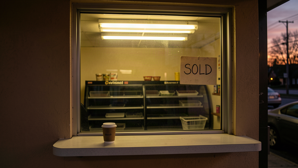 An empty drive-thru salad restaurant at dusk, a coffee cup sitting on the counter inside