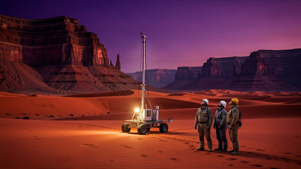 A vast rust-red desert outback landscape at dusk with a single drill rig
