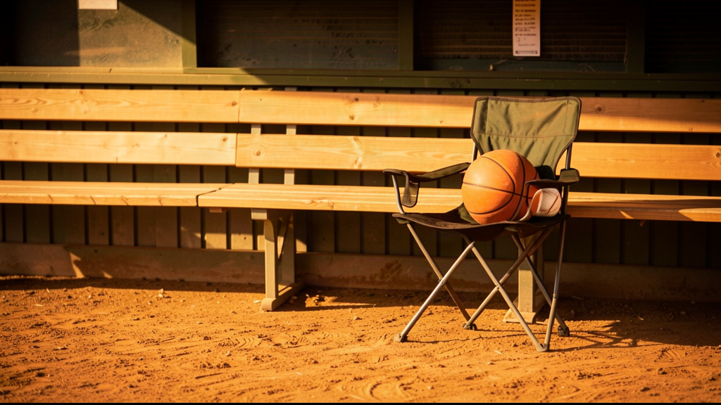A pair of basketballs and a baseball resting on the back of a folding chair at a dugout