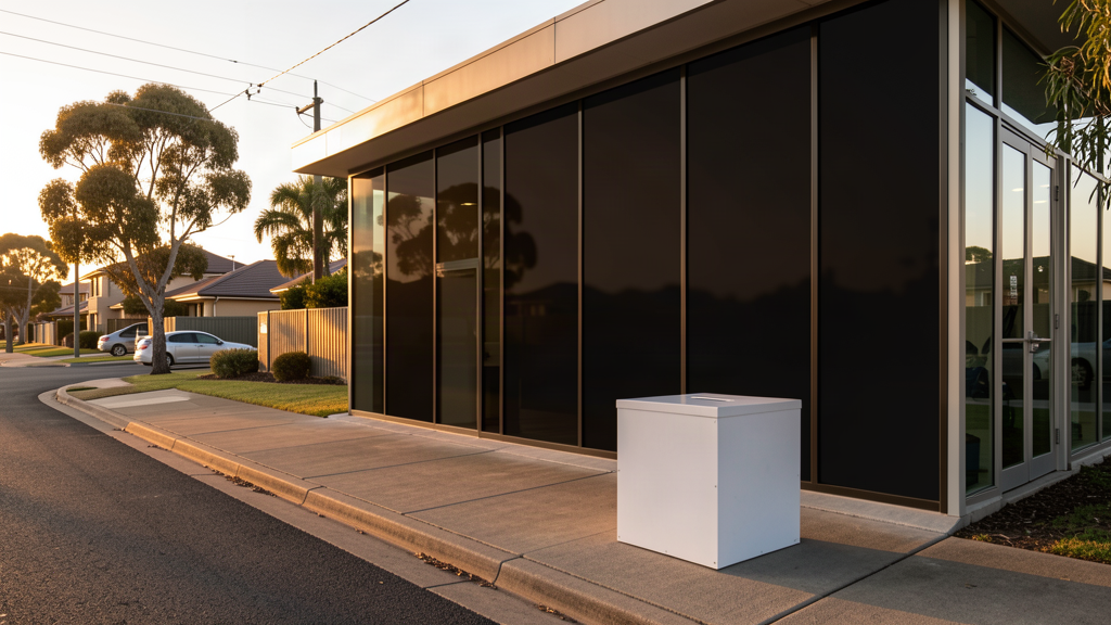 A coastal Australian street with a suburban gym sign, a ballot box on the verge