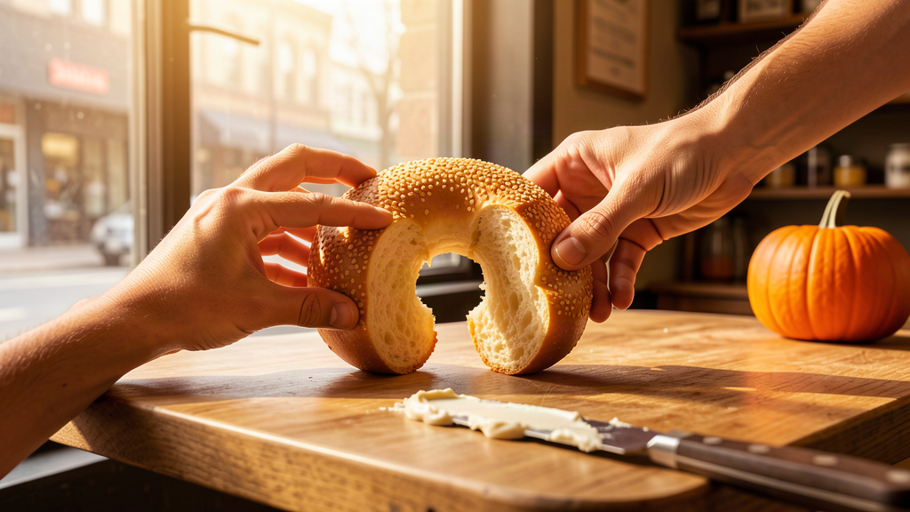 A single bagel being gently pulled into two halves on a café counter, a smear of cream cheese on a knife