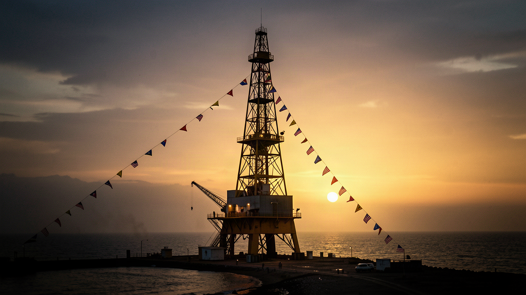 An oil derrick on a dark Venezuelan shoreline at dusk, with a row of U.S. flag pennants strung along the rig