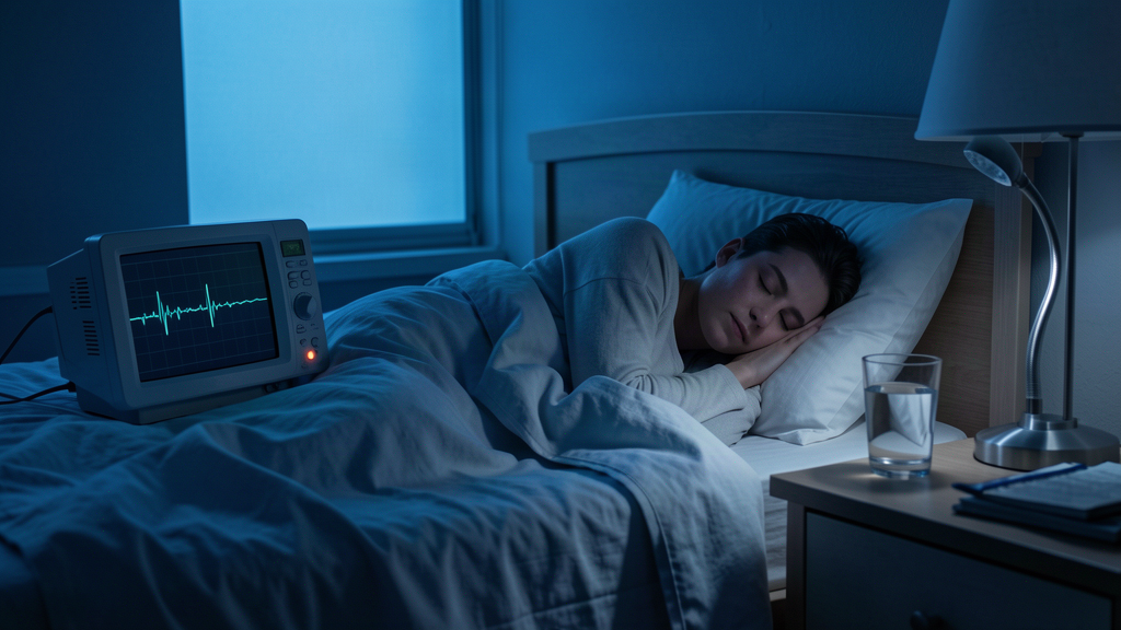 A sleeping person in a dark bedroom, a small bedside monitor showing a flatline that flickers