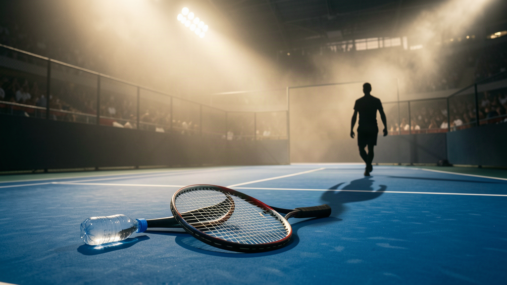A tennis racket lying on the court, a water bottle tipped over, a lone figure walking off under the lights