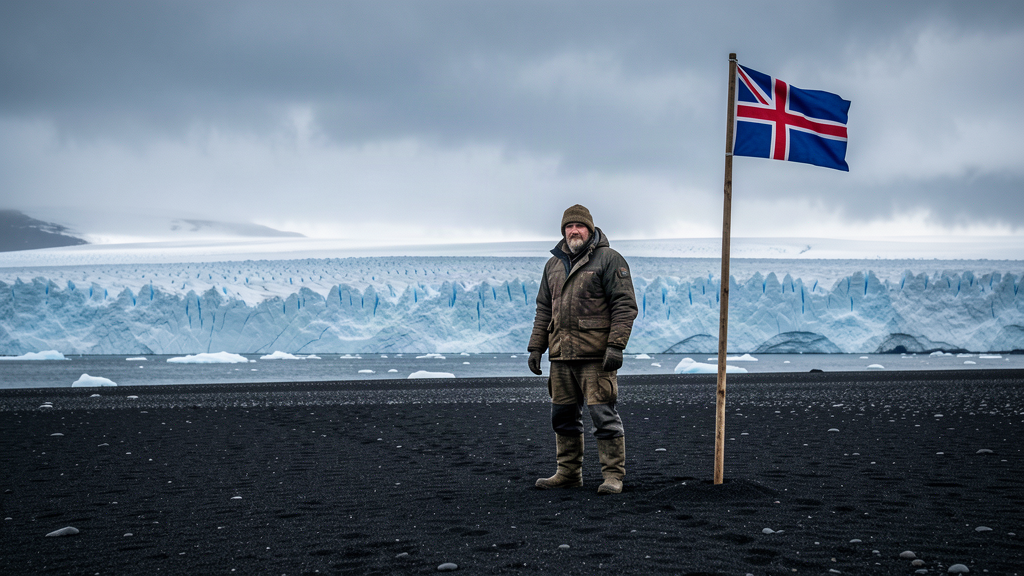 A lone Icelandic fisherman on a black-sand beach, a small flag of Iceland, with a huge glacier behind him