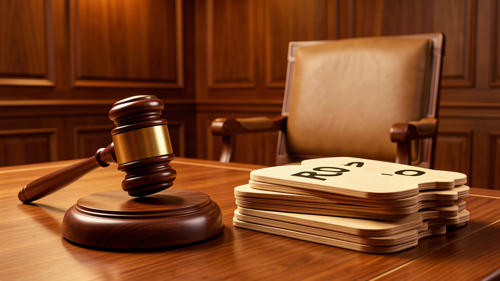 A gavel beside a stack of blank bidding paddles on a desk