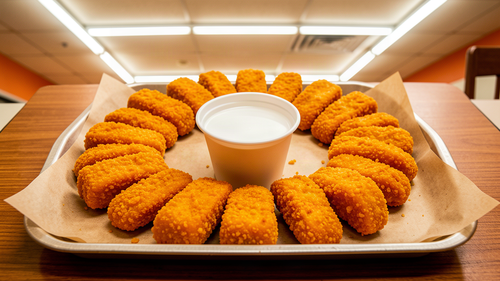 A tray of golden chicken nuggets with a blank dipping cup