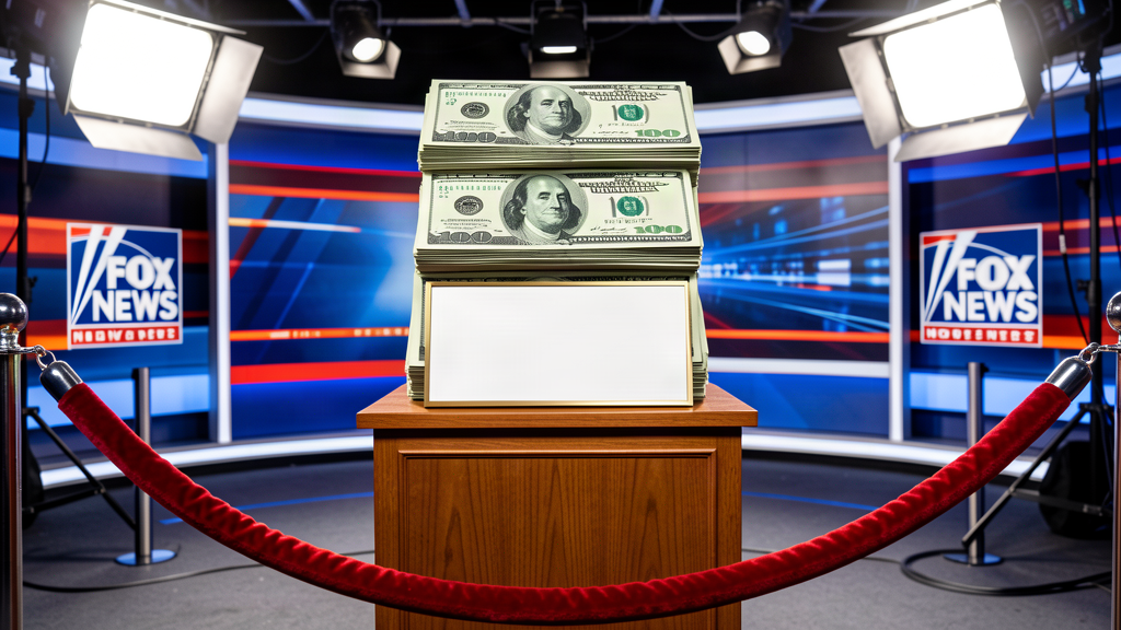 A stack of cash on a podium with no nameplate, under bright lights