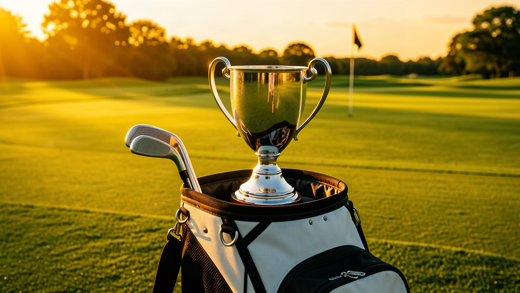 A golf trophy on a cart bag on a green, late afternoon light