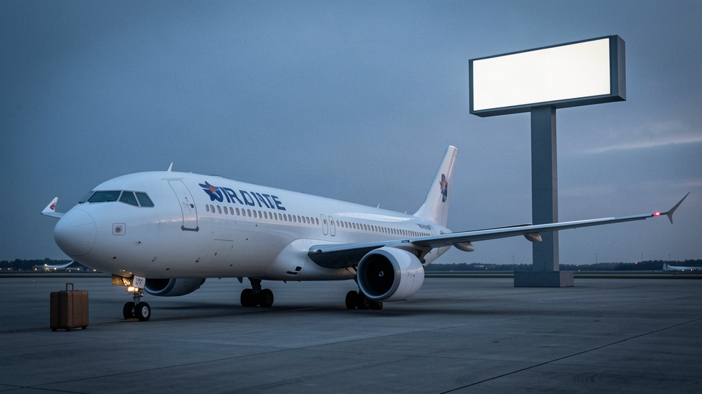 An airplane landing on a tarmac with a blank airport sign
