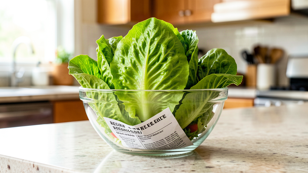 A head of iceberg lettuce in a salad bowl with a recall notice tucked underneath the leaves