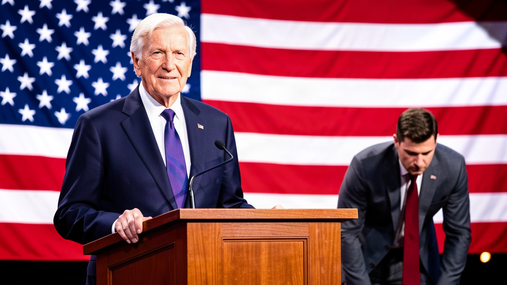 An elderly senator standing at a podium, a very young challenger shrinking in the background