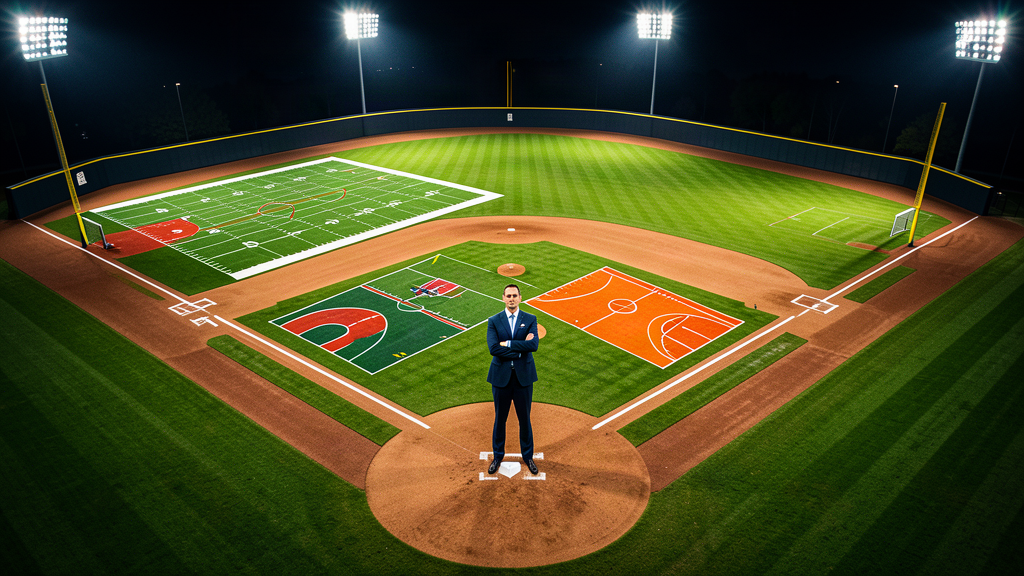 A baseball diamond with a football field and a basketball court tiled across it, a single figure standing on the mound