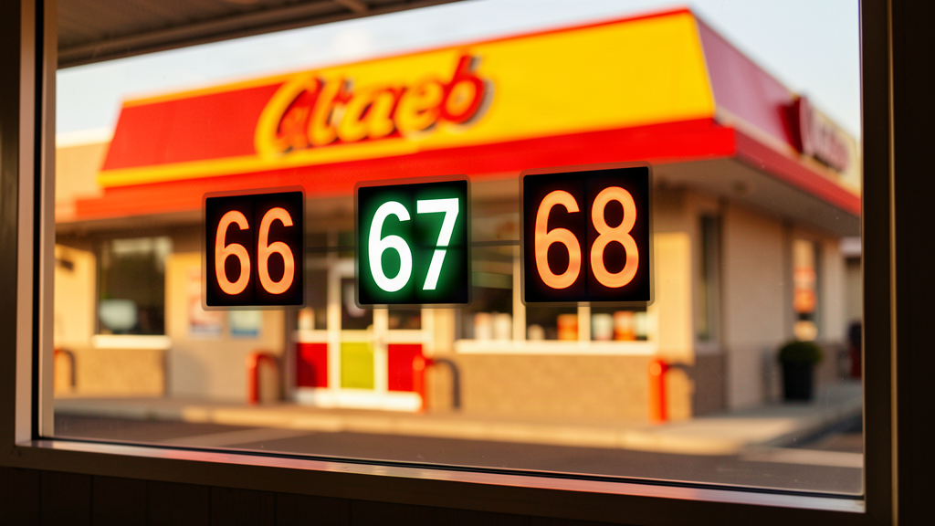An In-N-Out style drive-thru speaker box with a single ticket number 67 glowing on it, order 66 and order 68 visible on either side