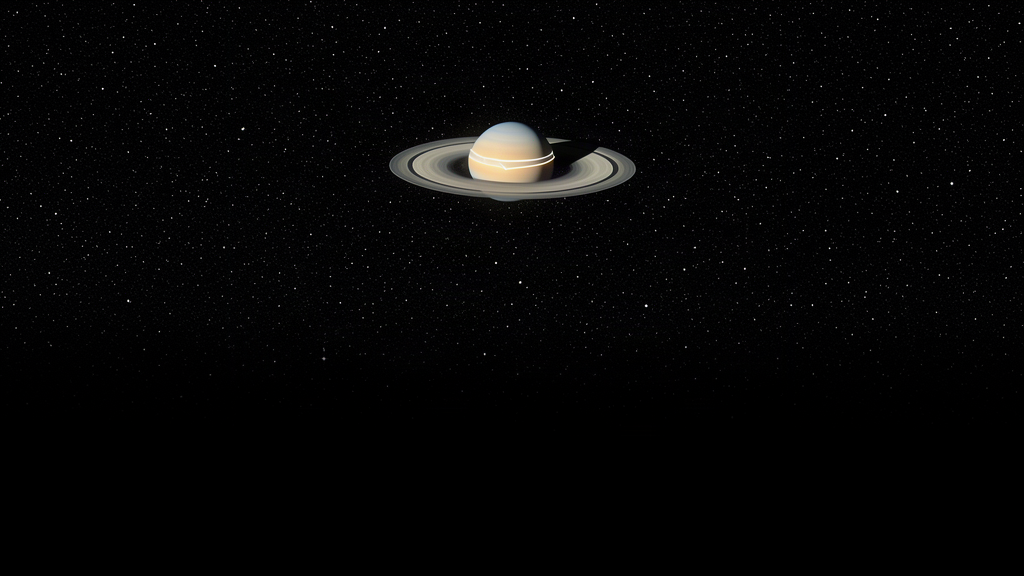 A small ringed planet high in a dark starfield with a faint ten-sided geometric band across its body