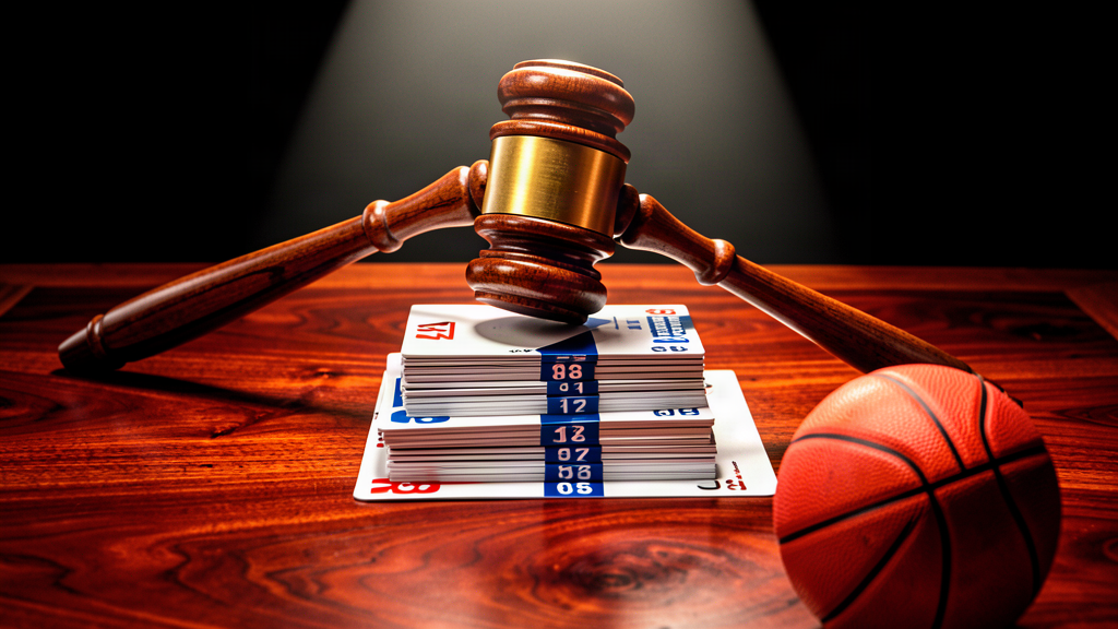 A large gavel striking a stack of first-round draft pick cards on a mahogany table
