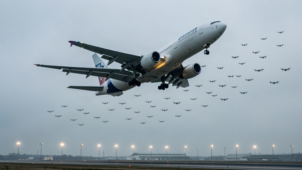A commercial airliner climbing through a sky filled with a faint grid of small dark drone silhouettes