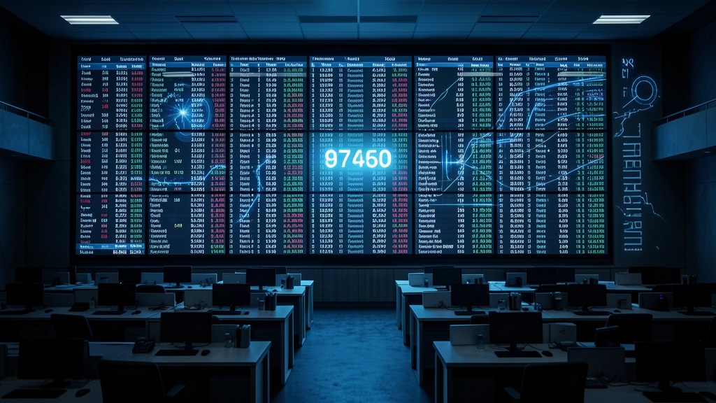 A large digital stock ticker board showing a single highlighted number in a dim trading room
