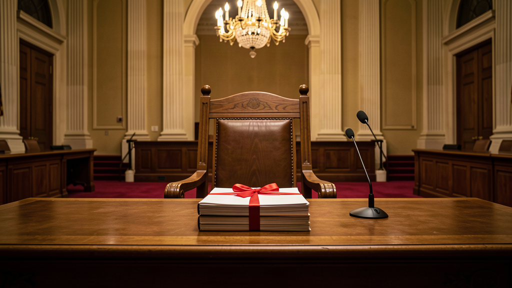 An empty witness chair in a congressional hearing room with a stack of sealed documents