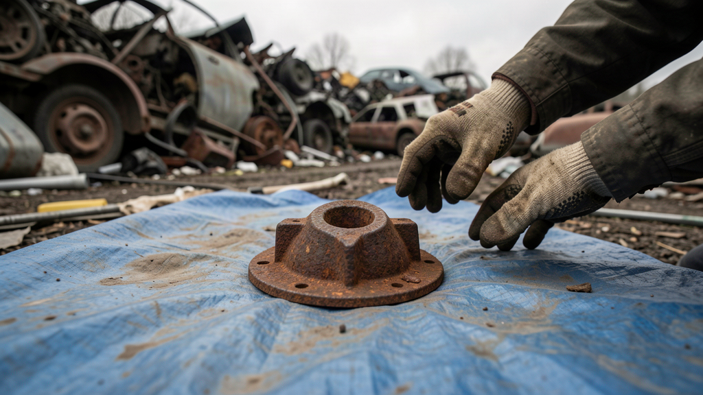 An ancient iron shield boss resting on a tarp in a junkyard among scrap metal