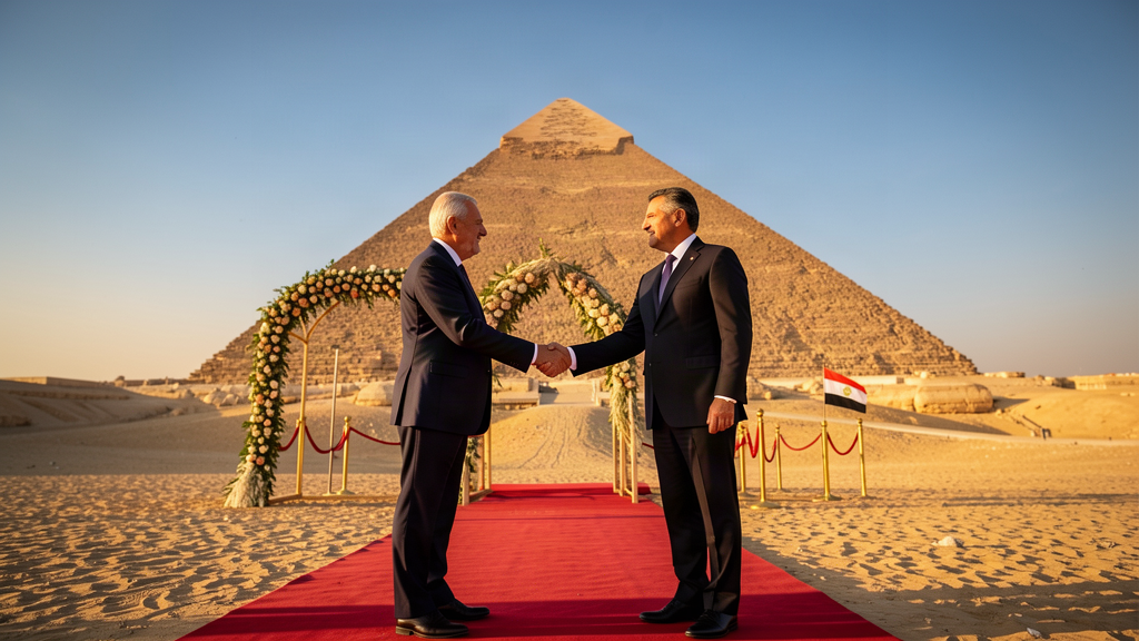 Two world leaders shaking hands in front of the Pyramids of Giza under a clear blue sky