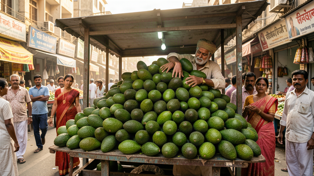 A giant pile of avocados overflowing from a market stall in an Indian street scene