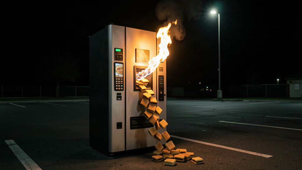 A vending machine dispensing a stack of small square sliders with a little flame of heat
