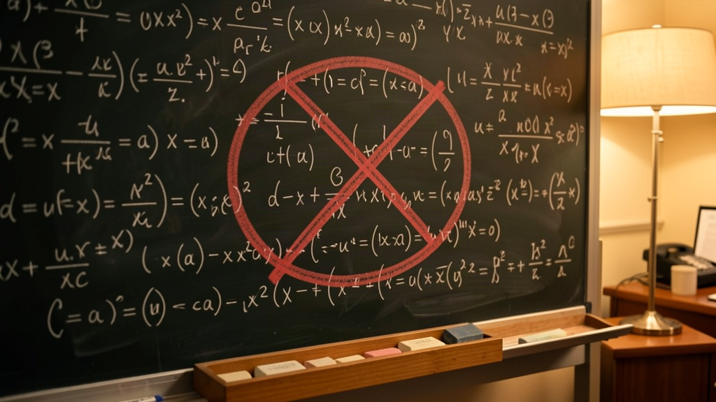 A blackboard covered in equations with one equation circled and crossed out in red