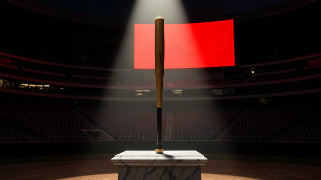 A baseball bat balanced on a pedestal in a spotlight like a trophy