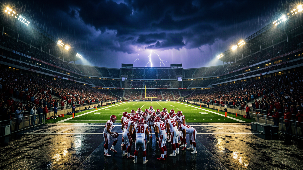 A football stadium under a dark stormy sky with lightning, players huddled in the tunnel