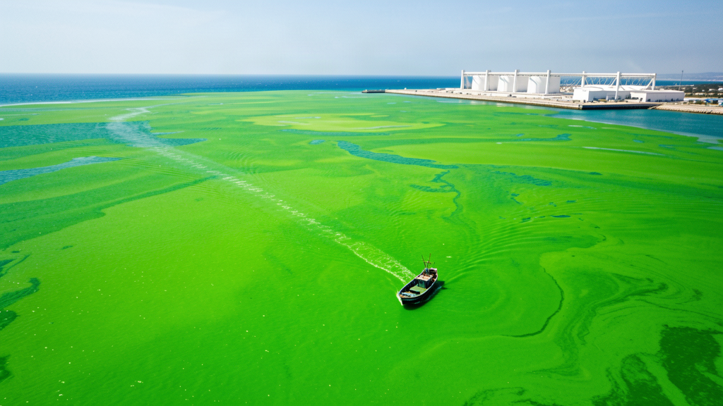 A vast green algae bloom covering the Mediterranean coast with a desalination plant in the background
